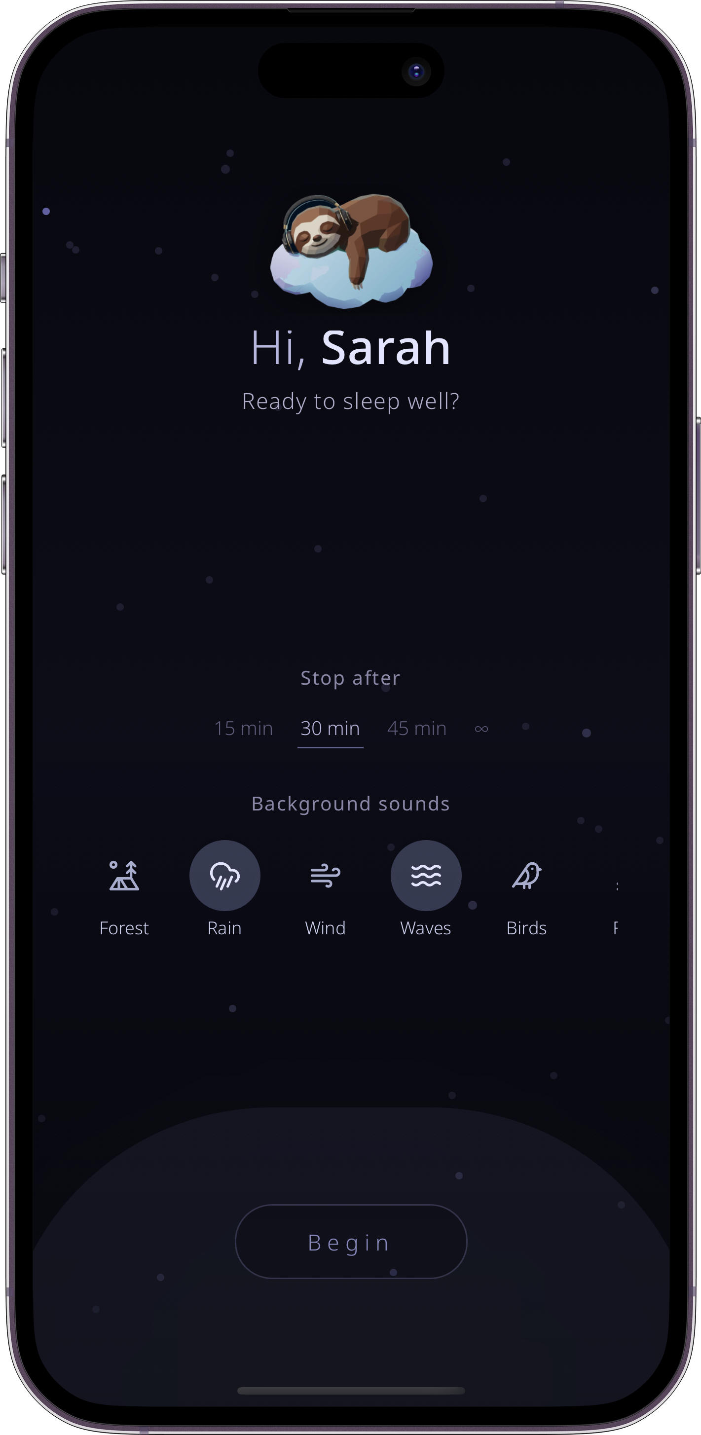 Shuffli home screen with session timer and optional background sounds
