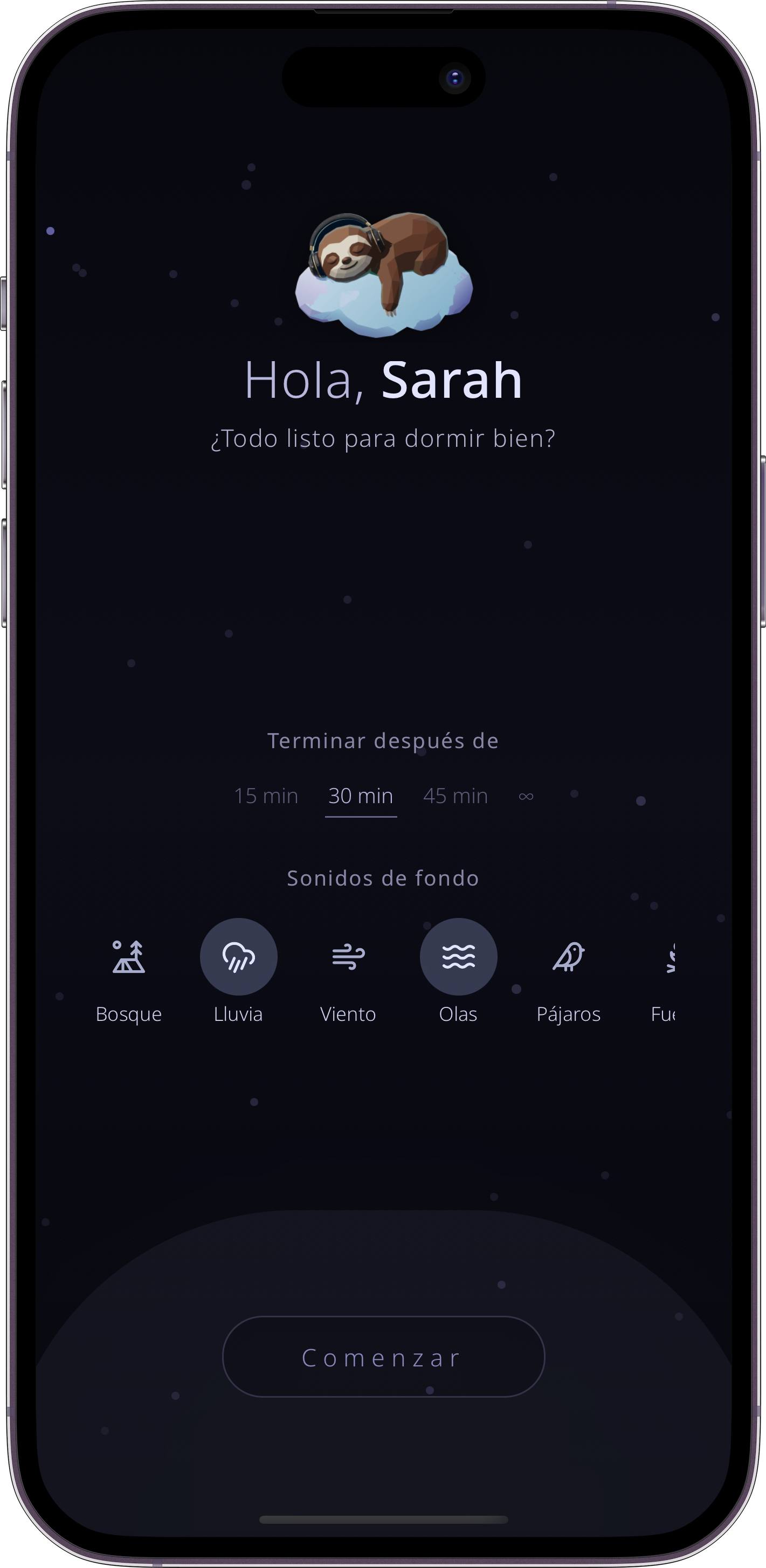 Pantalla principal de Shuffli con temporizador y sonidos de fondo opcionales